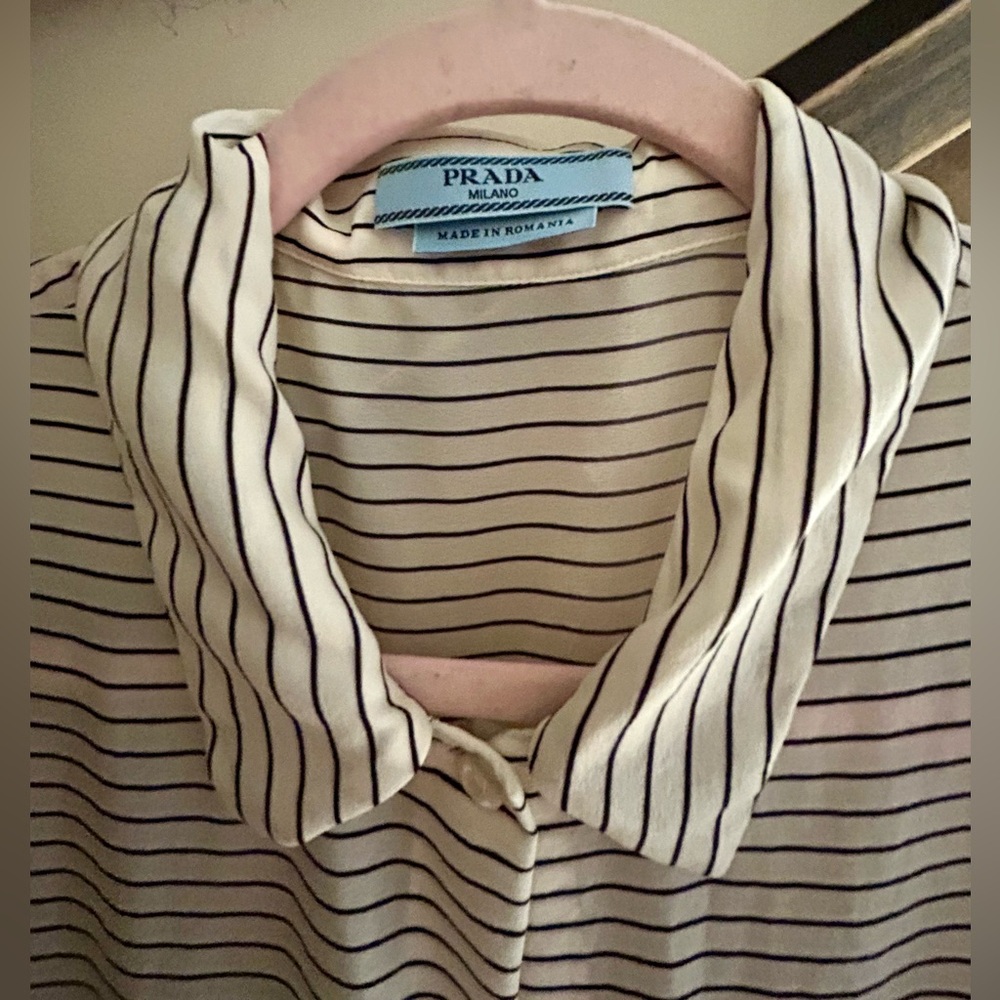 * Prada Silk Button Front Cap Sleeve Stripe Top Blouse EU 44 *